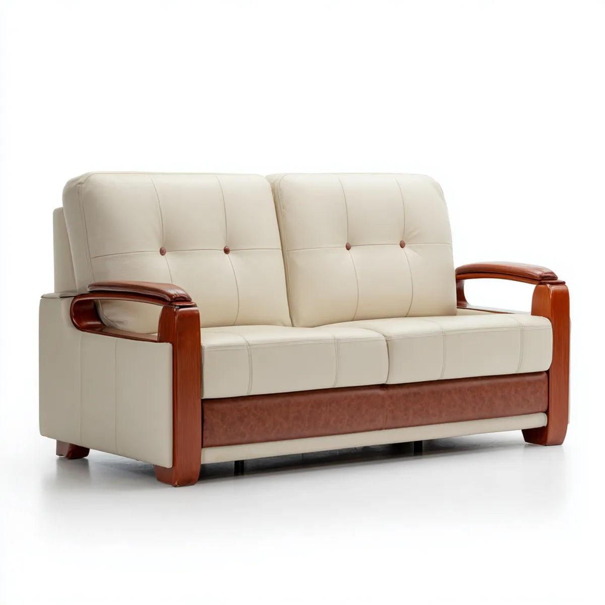 Sofa 2 miejsca krem i brązowy 160 x 90 x 95 cm ze skóry syntetycznej PU z prostokątnym litym drewna ramki