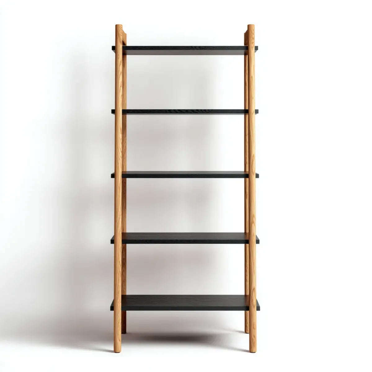 Regał, 5 czarnych półek i dębu naturalnego 80 x 35 x 180 cm w dębie litym i prostokątnym MDF