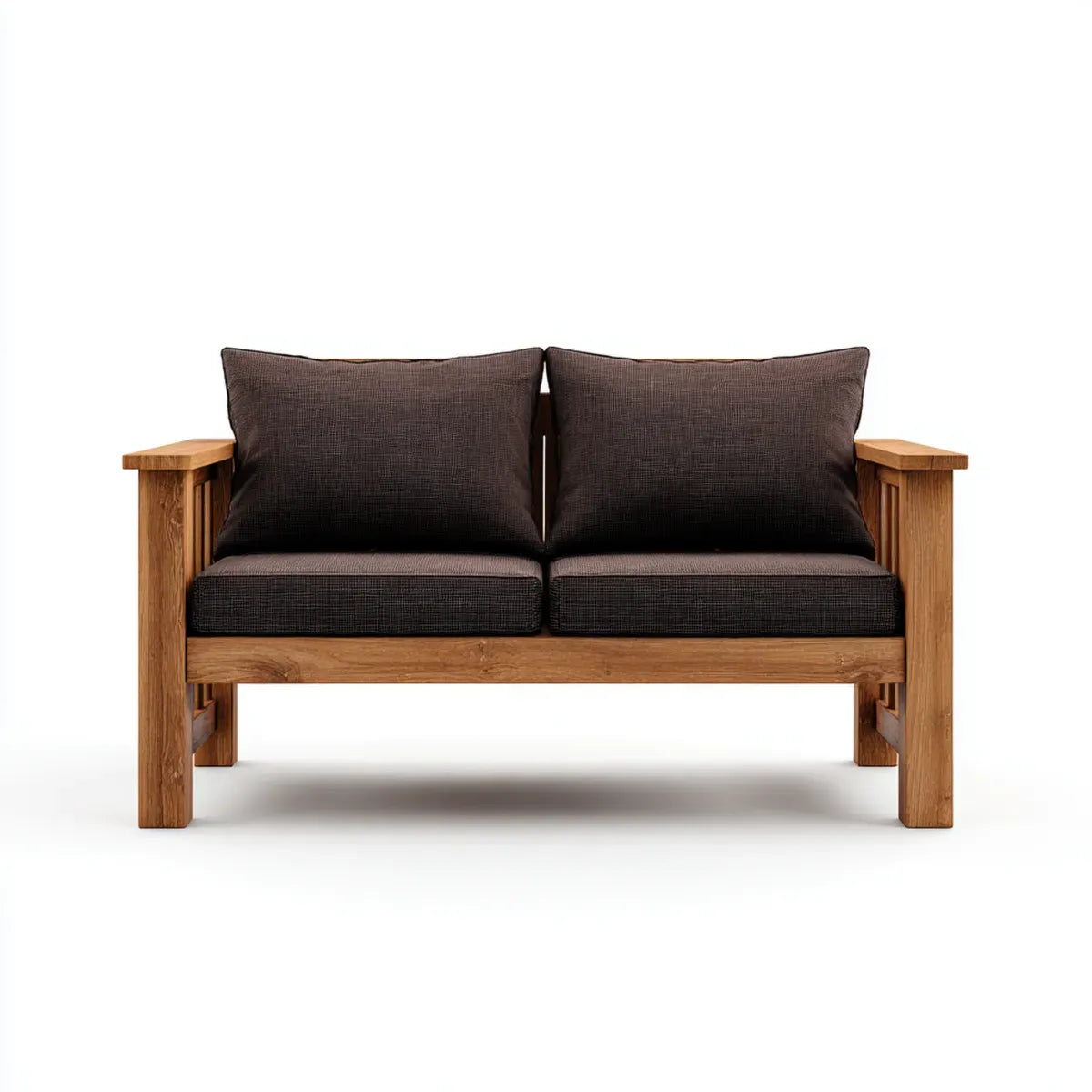 Sofa 2 brązowe siedzenia 130 x 75 x 78 cm w litym drewnie z prostokątnymi poduszkami poliestrowymi