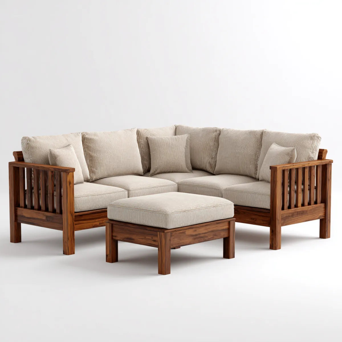 Sofa ogrodowa, Taras narożna kanapa zestaw brązowy beżowy z litego drewna acacia z pokrywą poliestrowego kabla 220 x 220 x 78 cm, w tym stołek