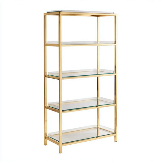 Regał, 5-poziomowa półka z biblioteki złota ze stali nierdzewnej i prostokątne szkło hartowane 80 x 35 x 180 cm
