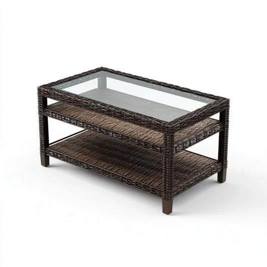Stolik kawowy, Prostokątny stół z brązowego szkła w rattanie PE i szkła z perforowanego szkła, 100 x 60 x 45 cm, 2 półki
