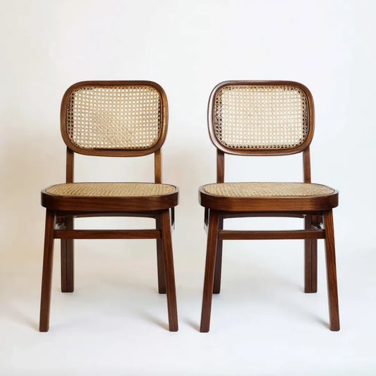 Krzesło do jadalni, Zestaw 2 krzeseł z brązowego i naturalnego lunchu w Legno Massello i Rattan 45 x 52 x 82 cm