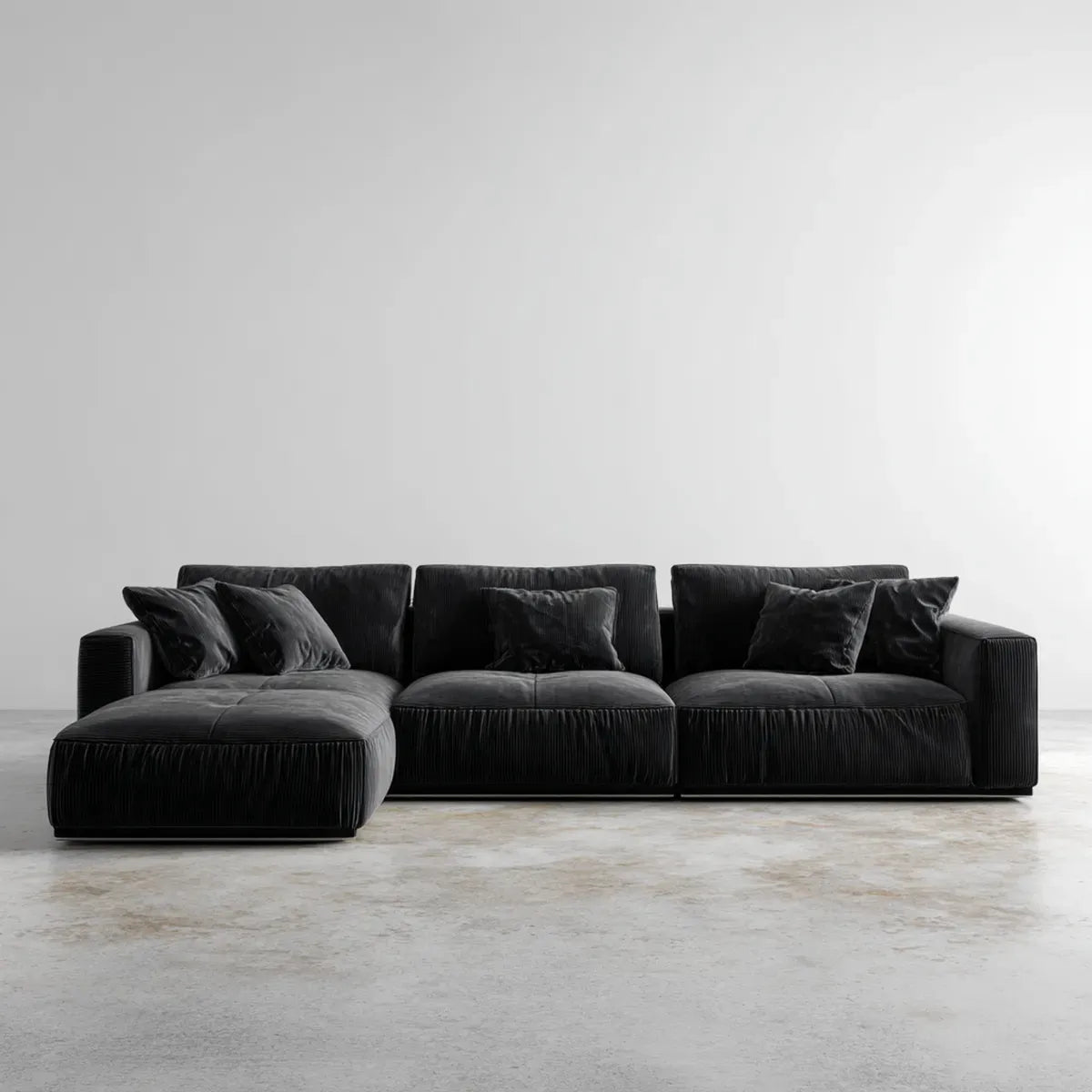 Sofa, Kanapa narożna 3 fotele z szezlongiem czarny aksamit w żeberka poliestrowe 300 × 170 × 75 cm w L