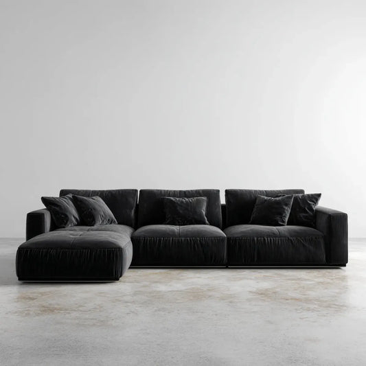Sofa, Kanapa narożna 3 fotele z szezlongiem czarny aksamit w żeberka poliestrowe 300 × 170 × 75 cm w L