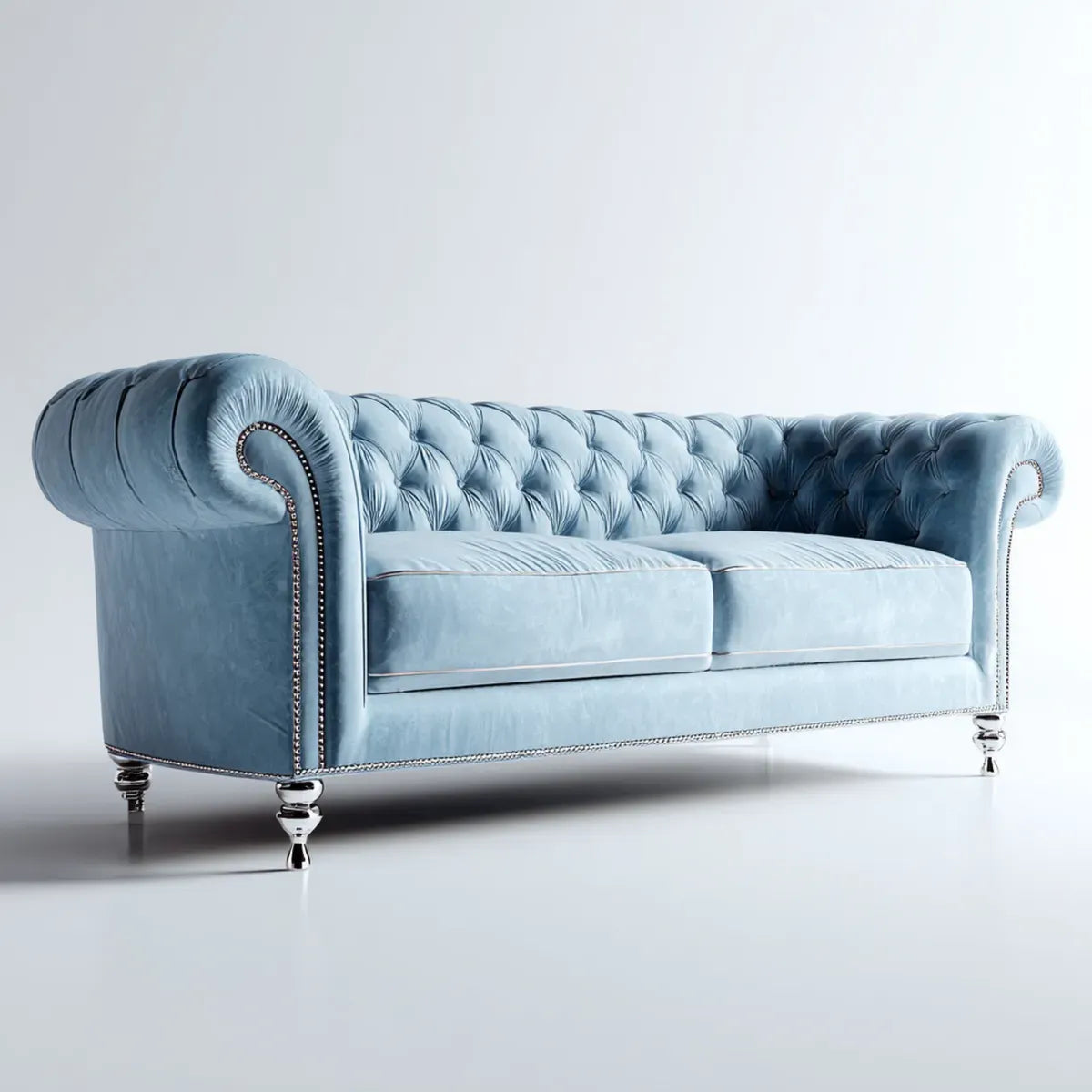 Sofa, Kanapa Chesterfield 3 jasnoniebieskie, aksamitne fotele w prostokątnym poliestrowym aksamicie 220 x 90 x 75 cm