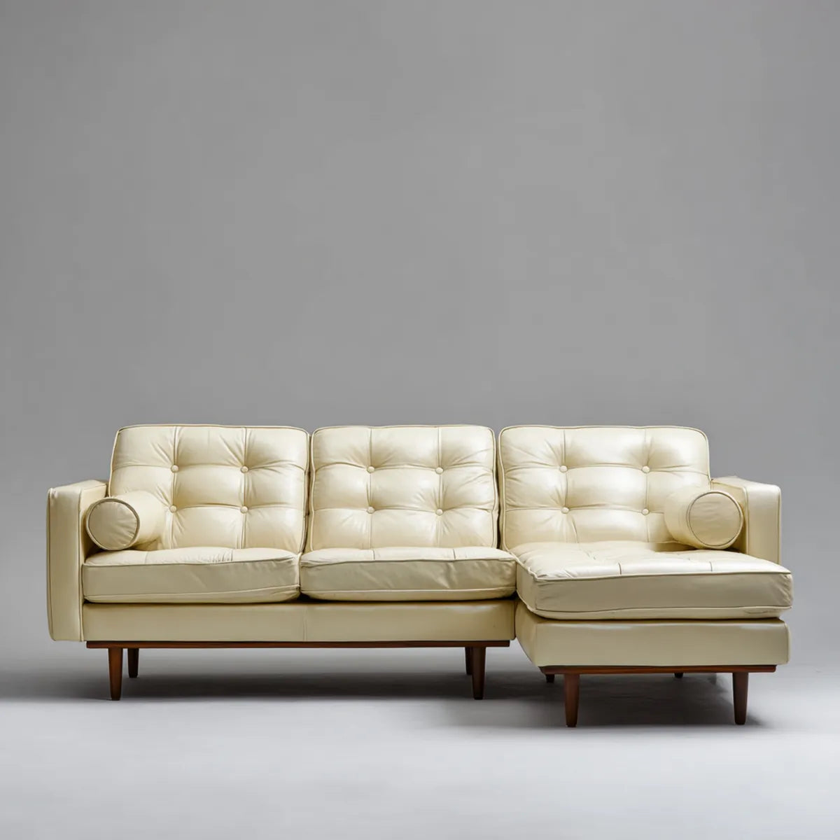 Sofa, Kanapa narożna 3 fotele beżowe skórzane PU z krzesełkiem z prawej strony 240 x 155 x 85 cm