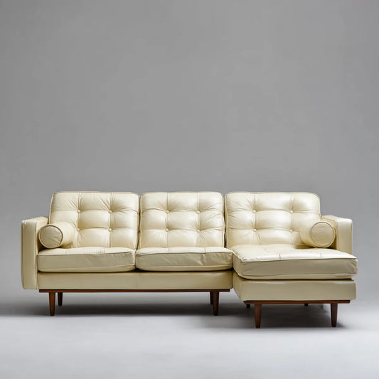 Sofa, Kanapa narożna 3 fotele beżowe skórzane PU z krzesełkiem z prawej strony 240 x 155 x 85 cm