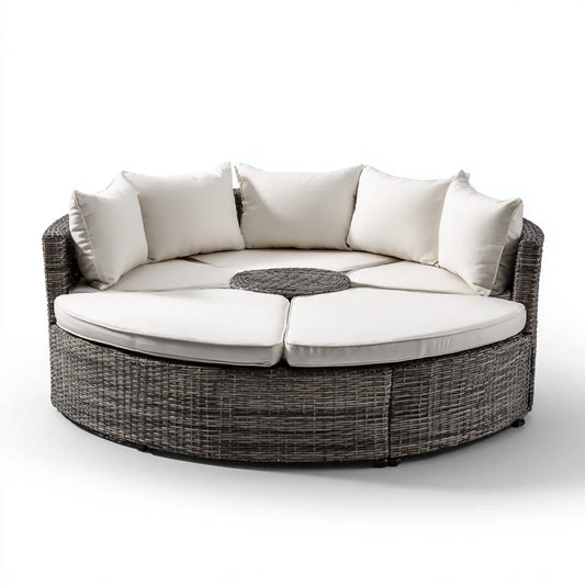 Sofa ogrodowa, Okrągły taras sofa jako dwuczęściowy zestaw do barów Szara krem 180 x 180 x 85 cm PE rattan