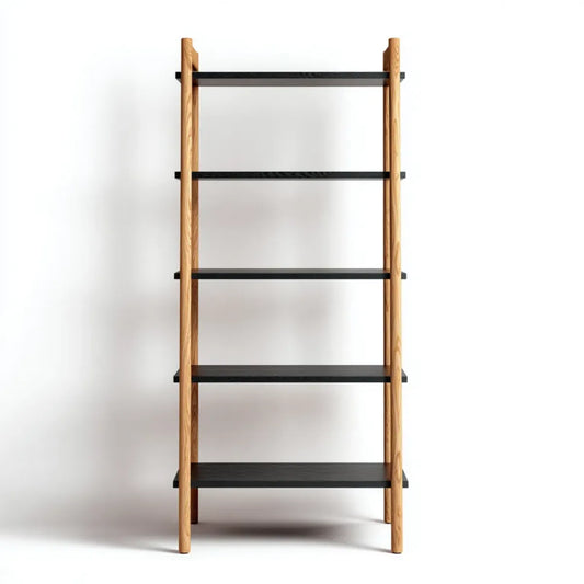 Regał, 5 czarnych półek i dębu naturalnego 80 x 35 x 180 cm w dębie litym i prostokątnym MDF
