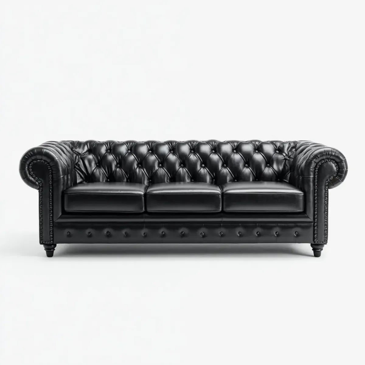 Sofa, Chesterfield sofa 3 fotele czarne 220 x 90 x 75 cm syntetyczny PU prostokątna