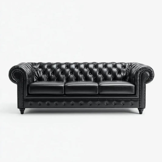 Sofa, Chesterfield sofa 3 fotele czarne 220 x 90 x 75 cm syntetyczny PU prostokątna