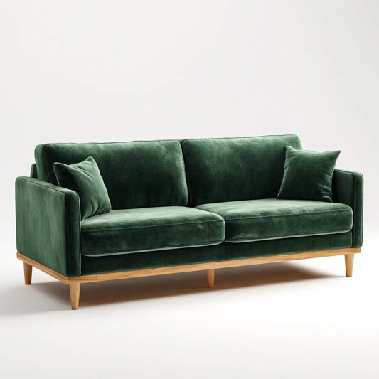 Sofa, 3 ciemnozielone poliestrowe aksamitne sofa z litym drewnianym ramą 210 x 90 x 85 cm