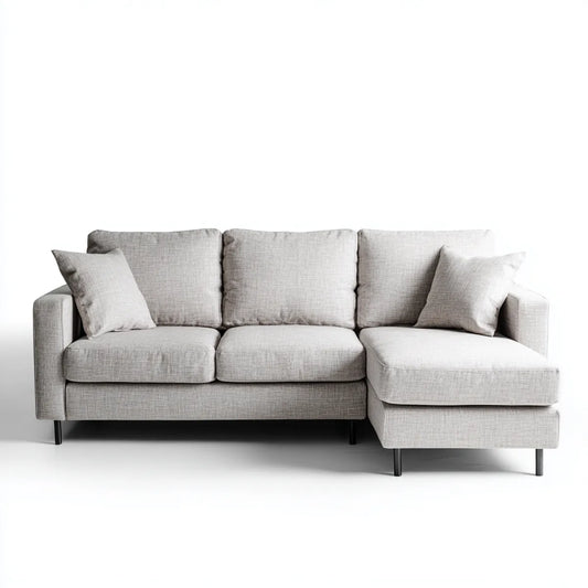 Sofa, Kanapa narożna 3 miejsca jasnoszary w poliestrze L z krzesełkiem z prawej strony 250 x 160 x 85 cm