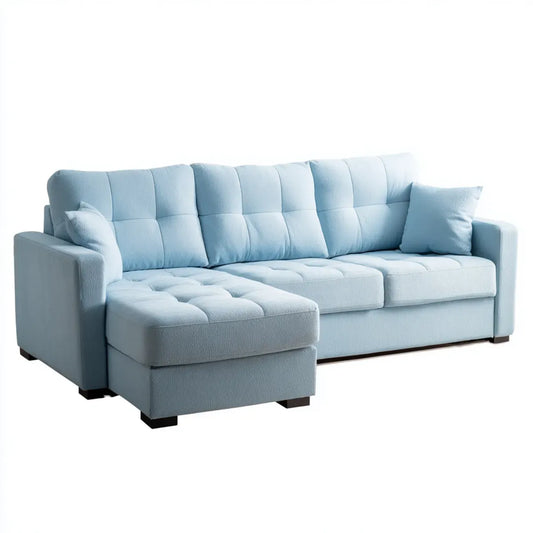 Sofa, Kanapa narożna 3 fotele z krzesełkiem z lewym jasnoniebieskim poliestrem 230 x 150 x 88 cm