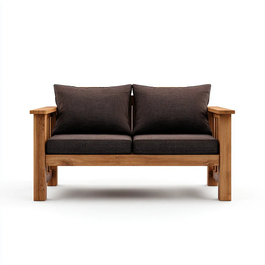 Sofa 2 brązowe siedzenia 130 x 75 x 78 cm w litym drewnie z prostokątnymi poduszkami poliestrowymi