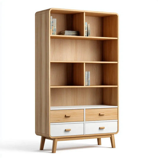Regał, Wysoka biblioteczka z 4 szufladami z dębu naturalnego i białego 90 x 40 x 180 cm w kształcie prostokątnym z dębu fornirowanego MDF