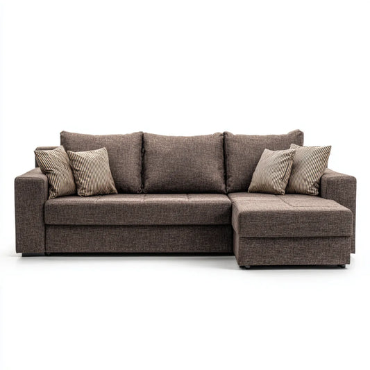 Sofa, Kanapa narożna 3 fotele z krzesełkiem z prawej brązowej, 260 x 160 x 85 cm w kształcie poliestru L