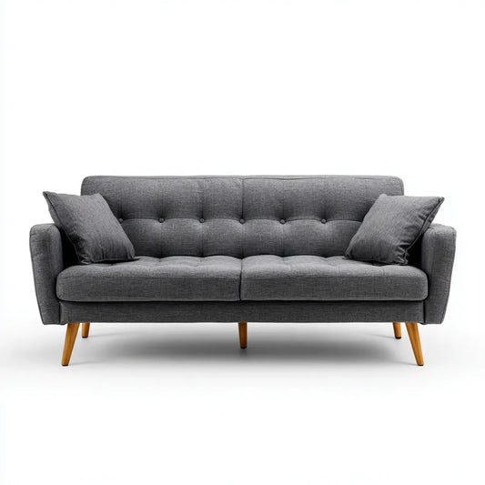 Sofa, 3 siedzenia ciemnoszara sofa poliestrowa z litymi nogami z drewna 210 x 85 x 86 cm prostokątna