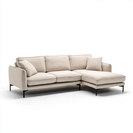 Sofa, Kanapa narożna z szewcem z beżowym płaszczem 250 x 160 cm poliestrowym o kształcie L